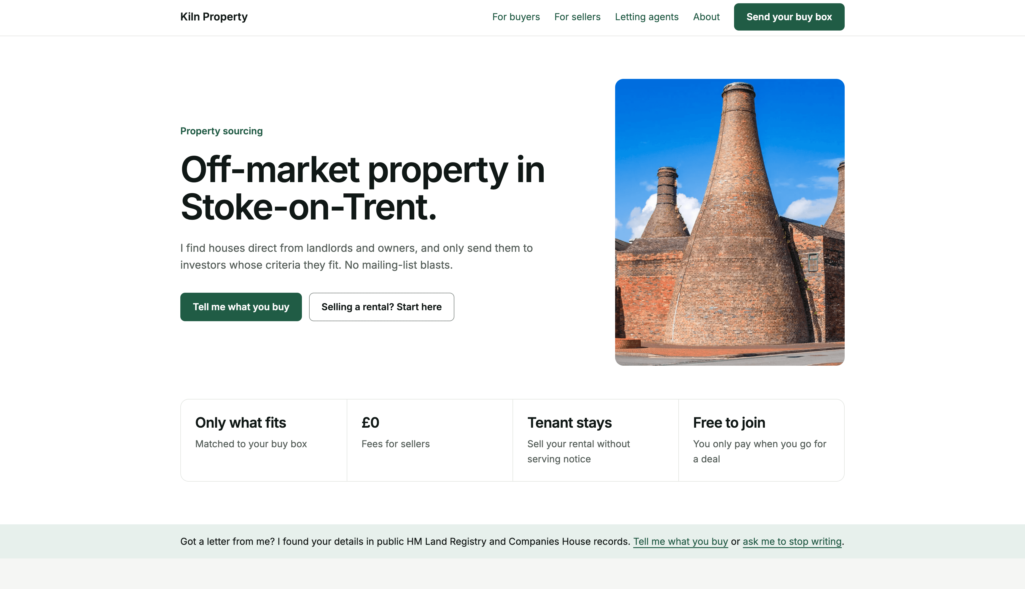 Kiln Property website showing its off-market property sourcing introduction alongside a photograph of traditional brick kilns.