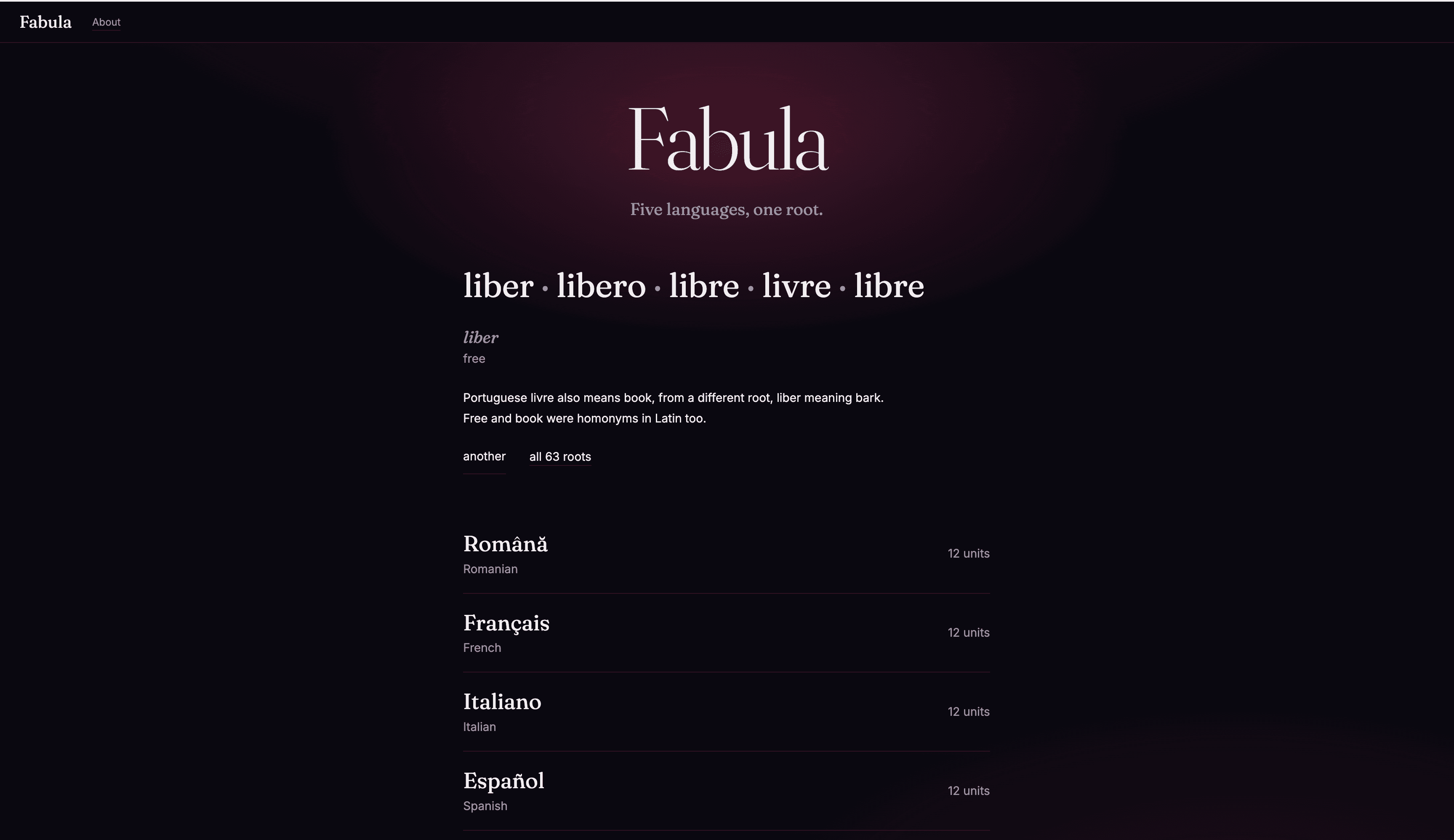 My Fabula showing a shared word root across five languages, with language lessons listed below.