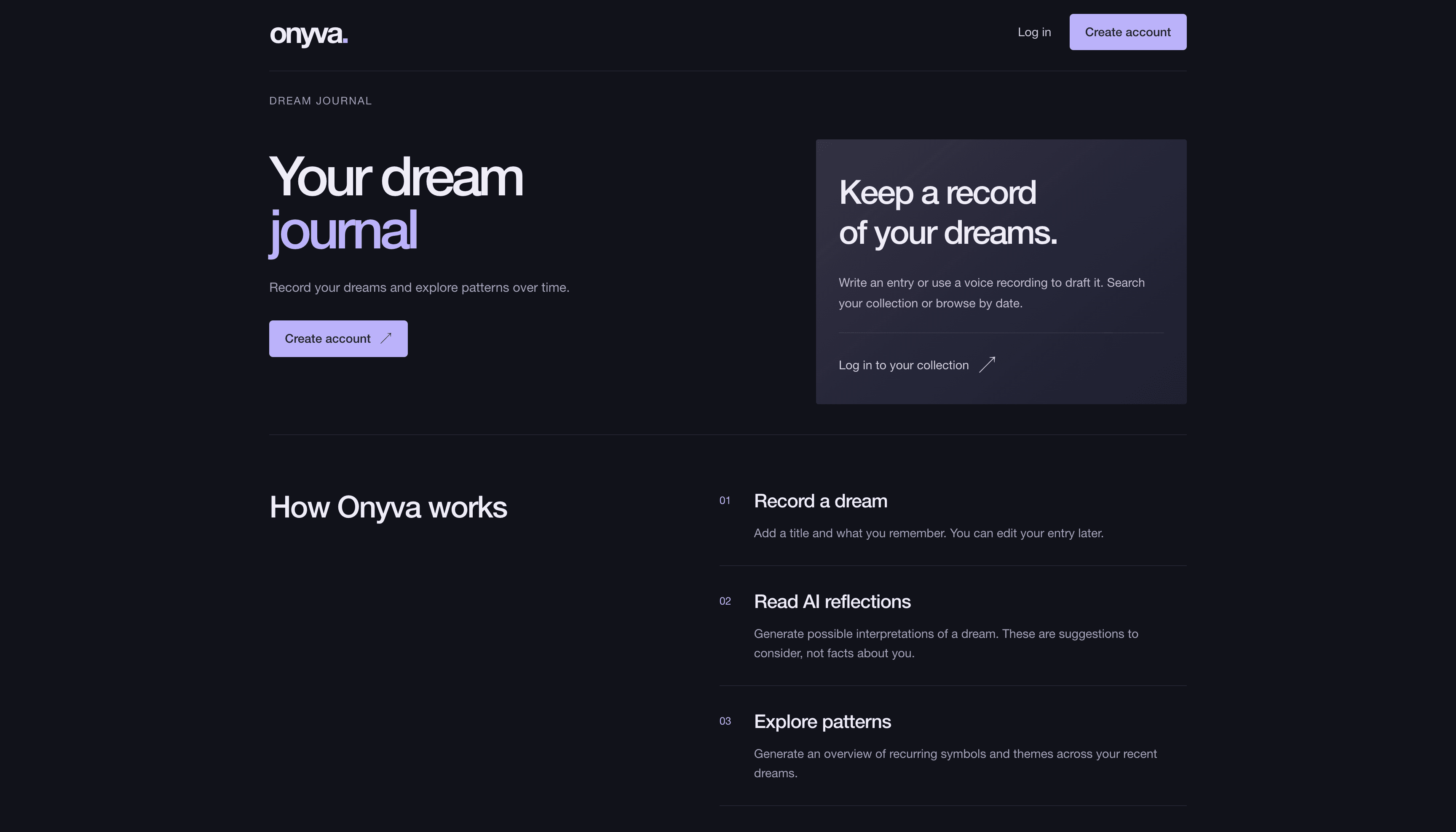 Onyva’s dream journal homepage, with prompts to record dreams, read reflections and explore patterns.