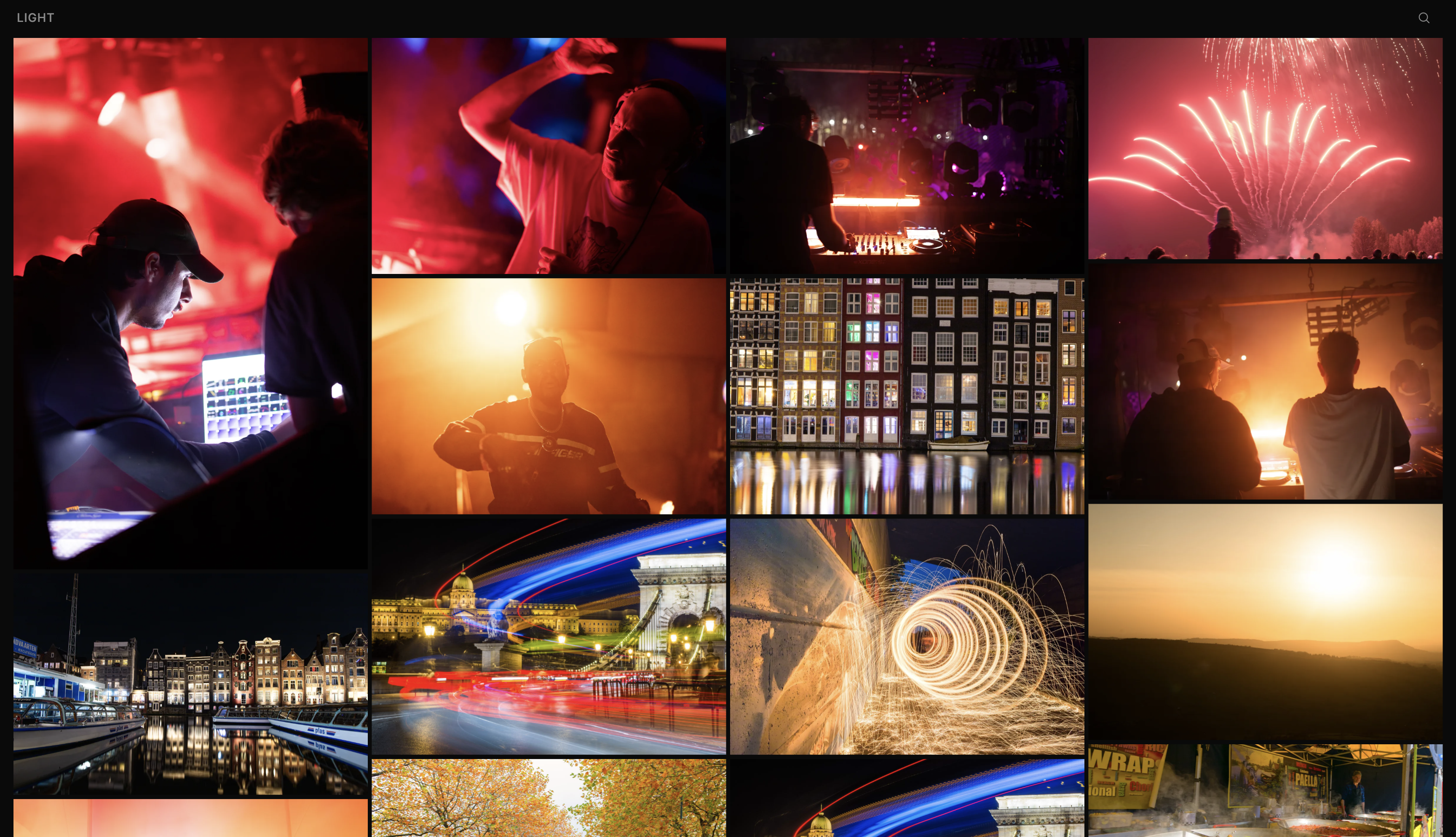 Photography portfolio displaying a mosaic of live music, fireworks, cityscapes and long-exposure photographs.